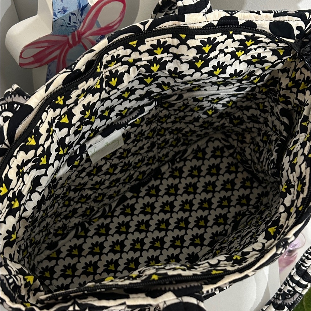 Vera Bradley Black & White Floral Quilted Tote with Yellow Highlights - Picture 5 of 8